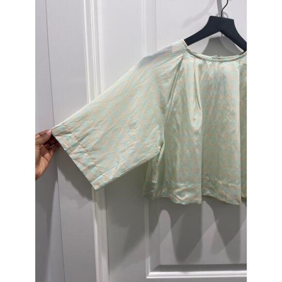 Apiece Apart Roberta Crop Top Short Sleeve Mint Green Grid Blouse Sz 4 - Picture 2 of 8